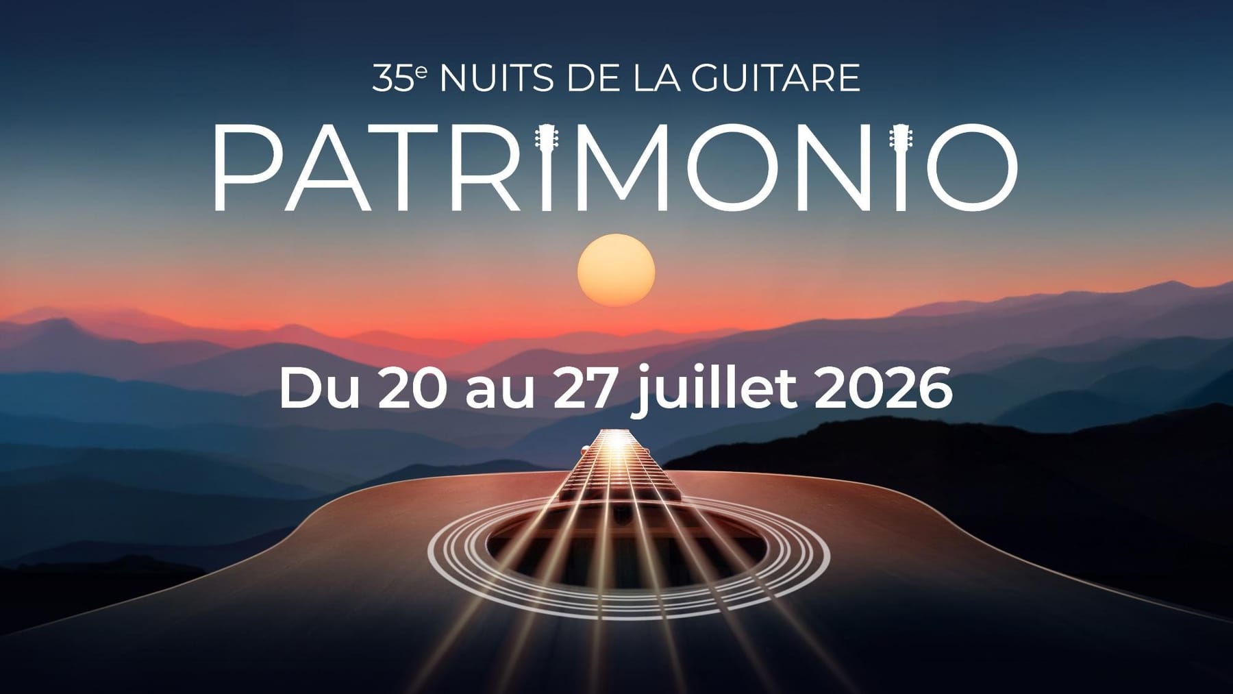 Affiche officielle de la 35e édition des Nuits de la Guitare de Patrimonio, du 20 au 27 juillet 2026